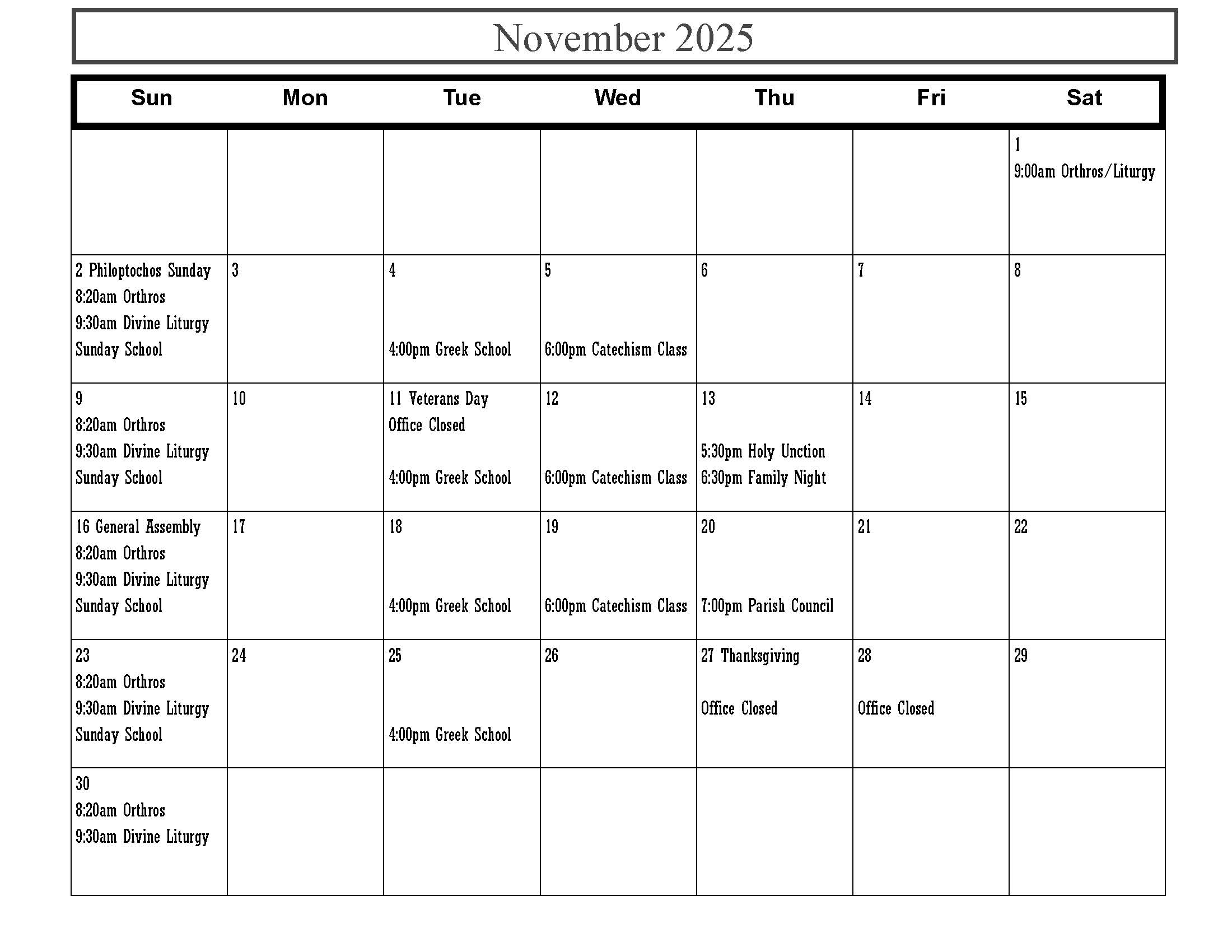 Nov 2025 Calendar
