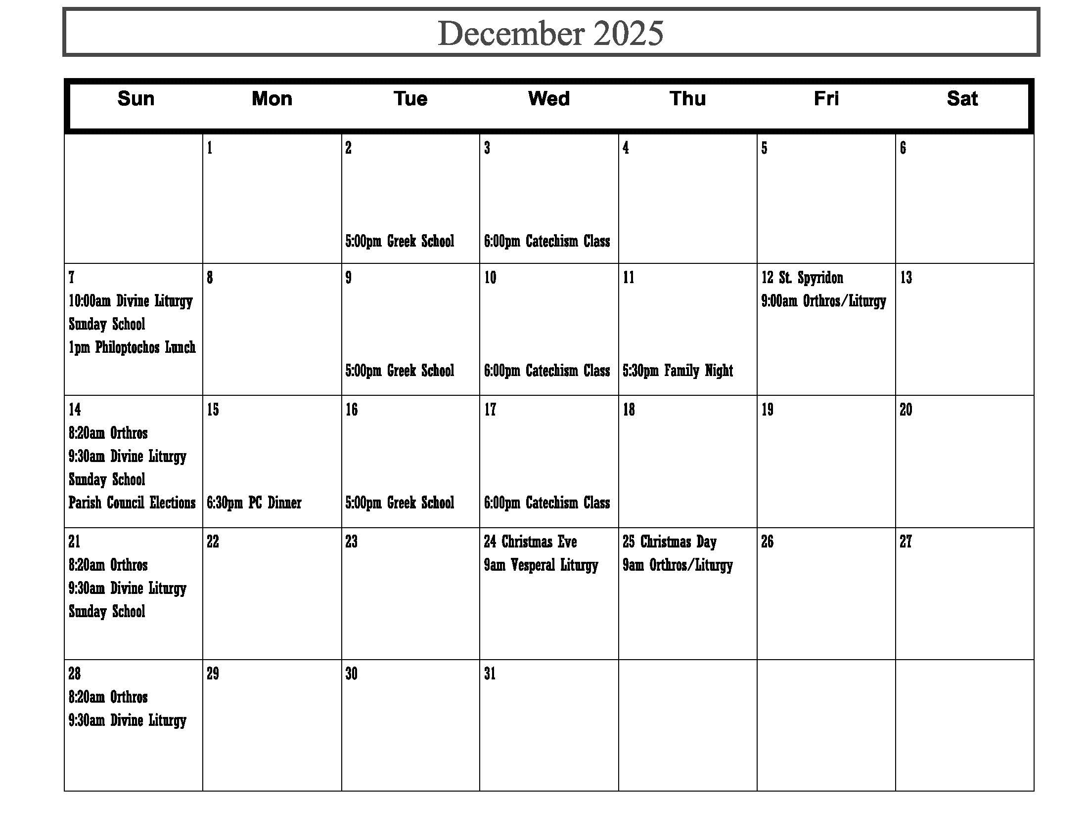 Dec. 2025 Calendar